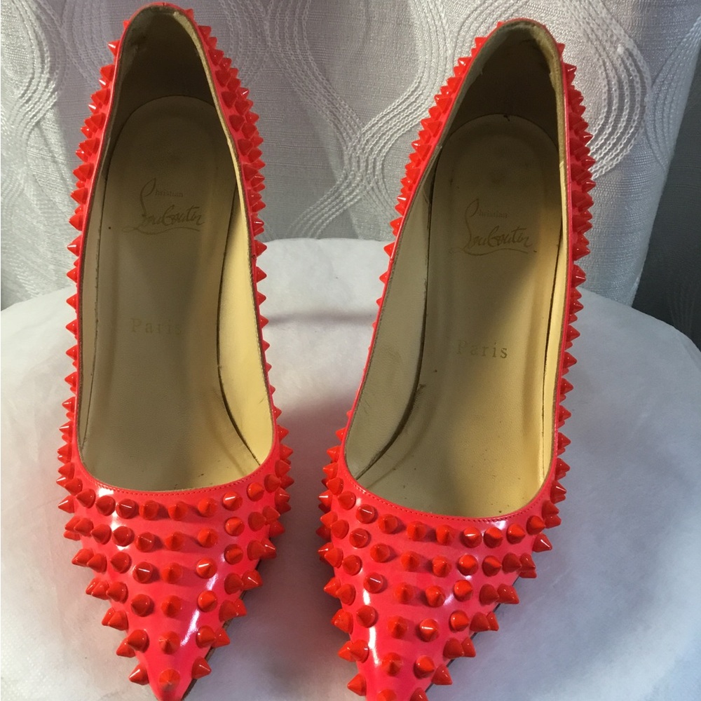 Christian Louboutin Neon Red Patent Spike-Studded Pointed-Toe Pumps